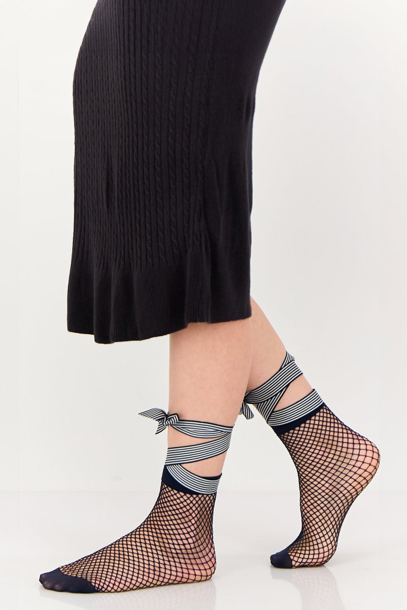 Asos Design Women 1 Pair Fishnet Stripe Bow Strap Ankle Socks, Navy - Image 2